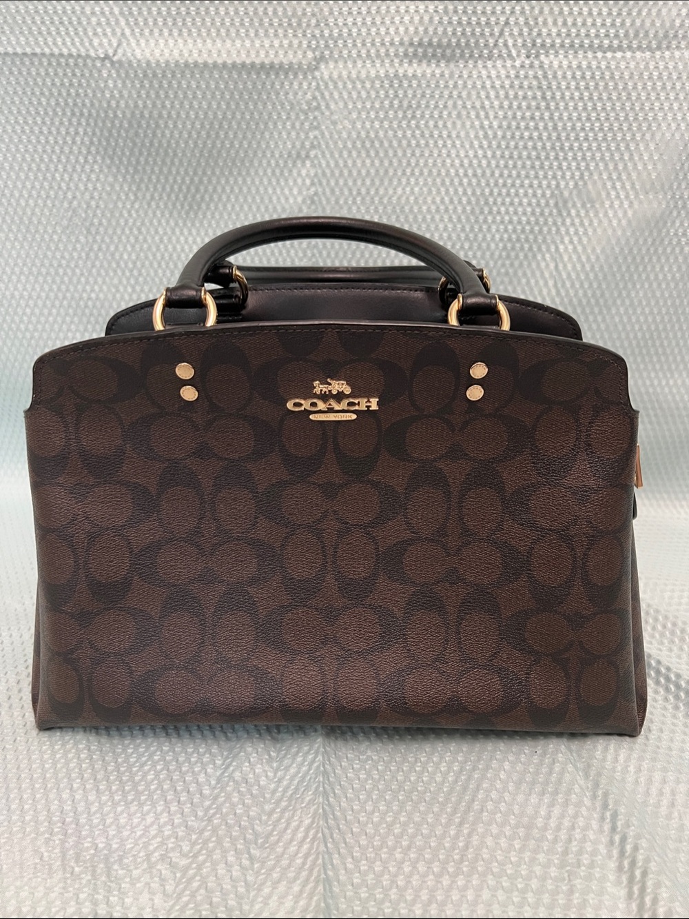 Coach Brown Pebbled Leather Monogram Top-Handle Satchel with Gold Hardware